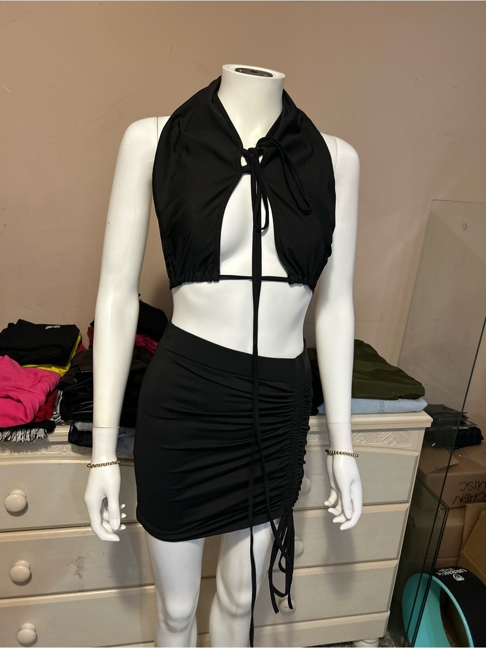 SHEIN Black Ruched Tie-Front Mini Skirt